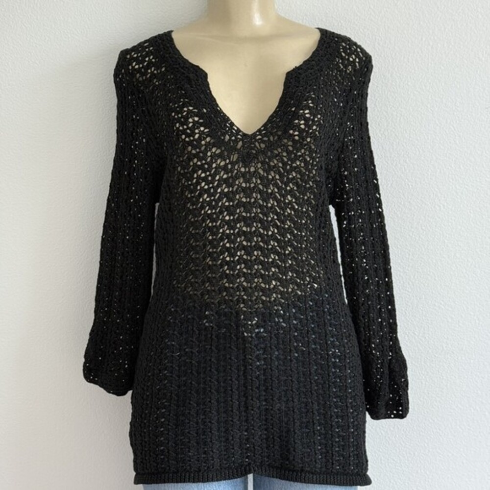 VTG Ann Taylor Crochet Knit Sweater Large Black Boho Open Weave V-Neck Tunic Top